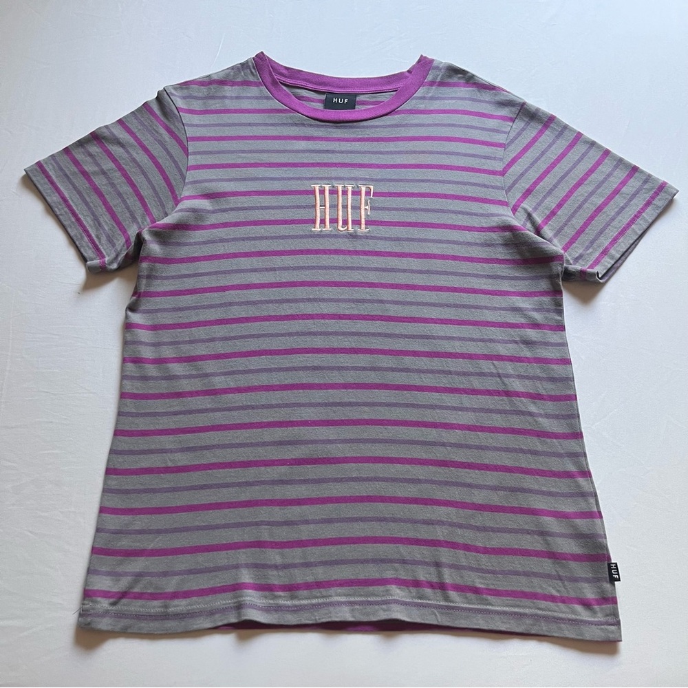 HUF grey purple striped logo embroidered crew neck short sleeve T-shirt